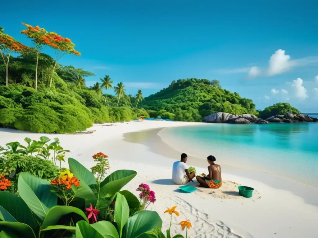 Playa serena en isla con aguas cristalinas y arena blanca