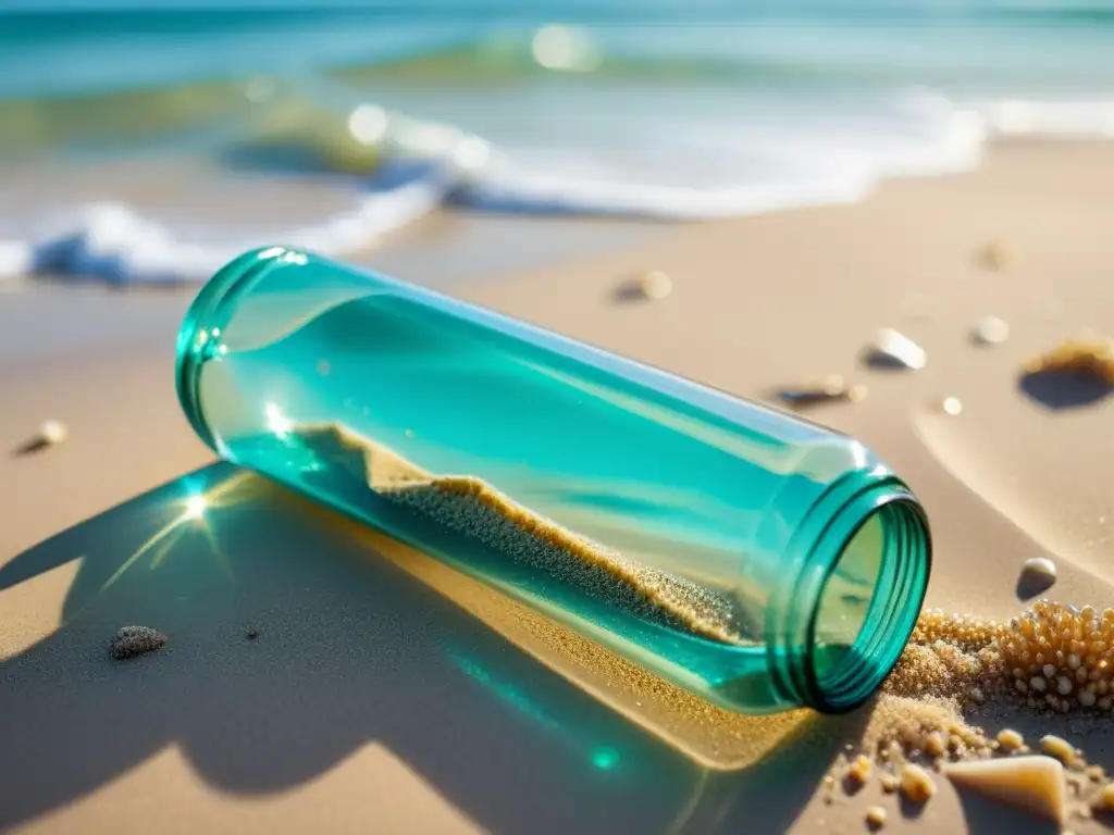 Playa solitaria bañada por el sol con aguas turquesas, destaca la contaminación plástica