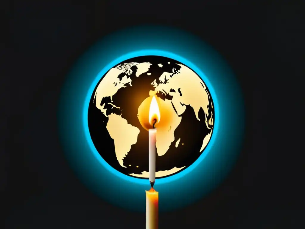Esperanza planetaria: vela iluminada en la oscuridad Un poderoso póster de la Campaña Earth Hour WWF, con la Tierra en detalle y una vela iluminando, evocando conciencia ambiental y resonancia global
