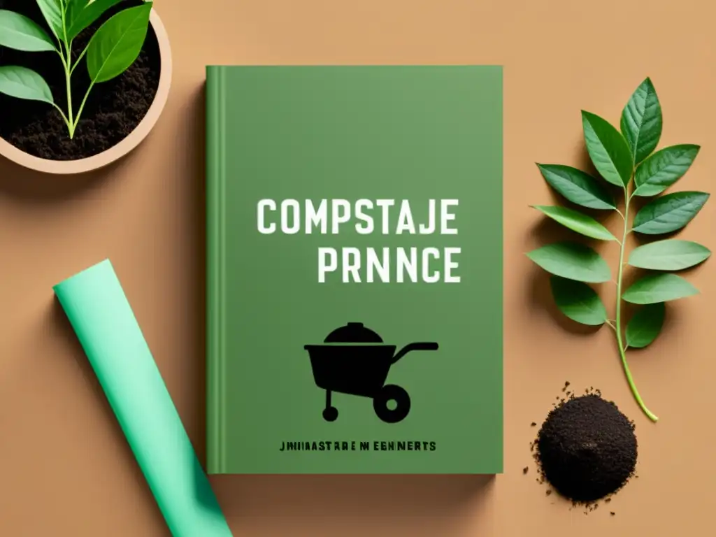 Portada de libro elegante con diseño minimalista en tonos terrosos, destacando un compostador rodeado de vegetación