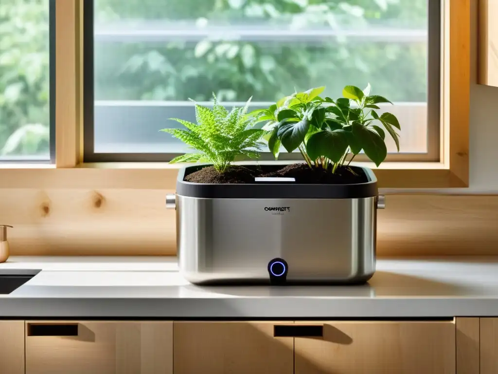 Prácticas sostenibles de compostaje en el hogar: Cocina minimalista con compostera y plantas, iluminada por luz natural