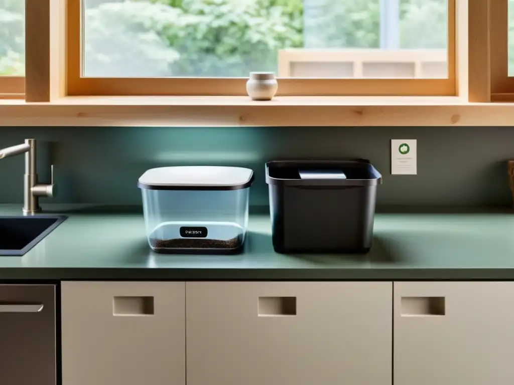 Prácticas sostenibles alimentación hogar: Cocina moderna con sistema de reciclaje, compostaje y desechos, iluminada por luz natural