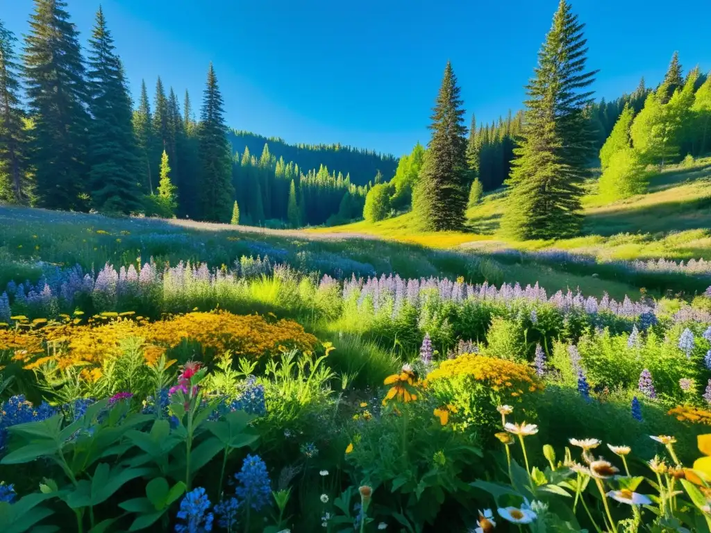 Un prado exuberante lleno de flores silvestres coloridas, árboles altos y un cielo azul