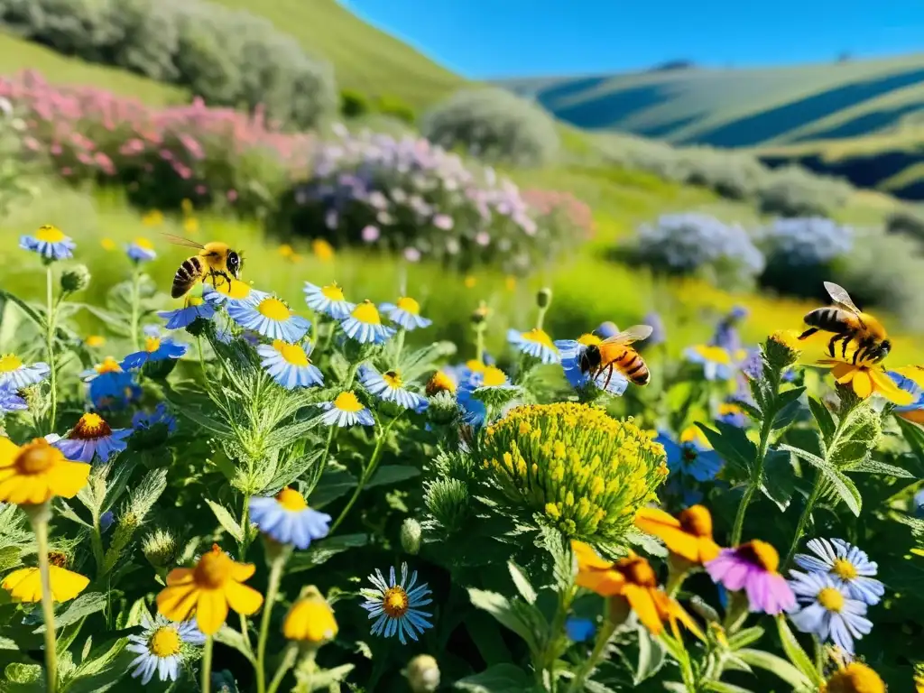 Un prado exuberante repleto de flores silvestres, abejas revoloteando de flor en flor