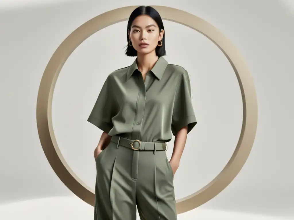 Prendas sostenibles de H&M: moda circular en tonos tierra sobre fondo blanco elegante, reflejando modernidad y elegancia