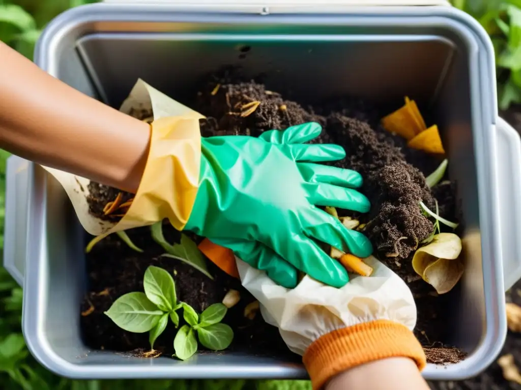 Preparación cuidadosa de materiales para compostaje de residuos orgánicos en un recipiente, con manos protegidas por guantes de jardinería