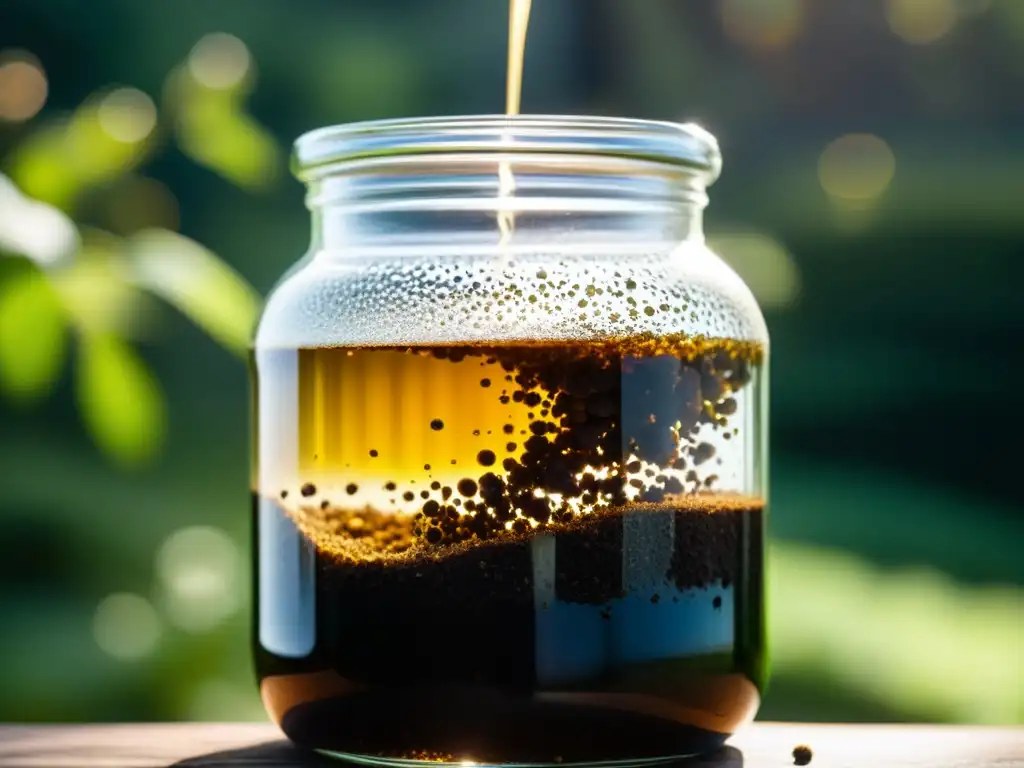 Preparación detallada de té de compost para mejorar suelo, con texturas y colores orgánicos en jarra de vidrio