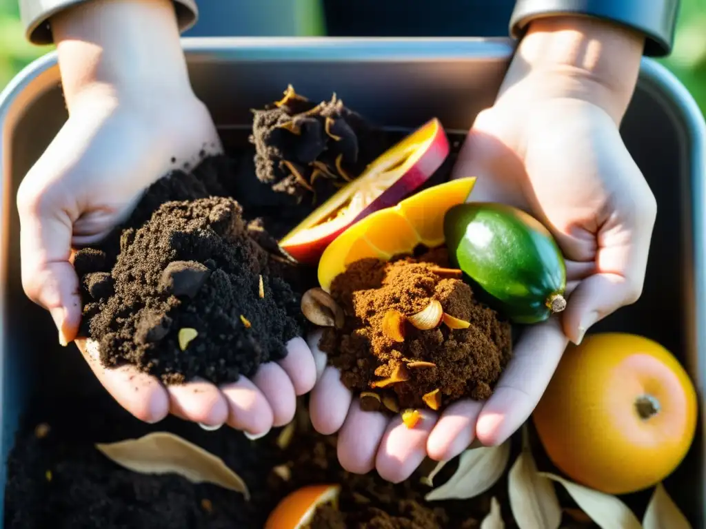 Preparación de materiales para compostaje de residuos orgánicos: manos detalladas colocan desechos en un contenedor negro mate