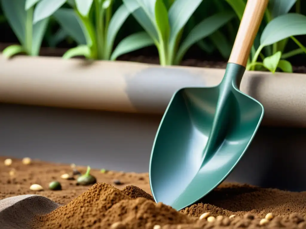 Detalle íntimo de palas de jardinería biodegradables Un primer plano detallado de palas de jardinería biodegradables, resaltando sus texturas orgánicas y diseño minimalista
