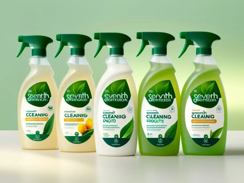 Productos de limpieza ecológicos de Seventh Generation, con diseño moderno en verde y blanco, transmitiendo sencillez y sustentabilidad