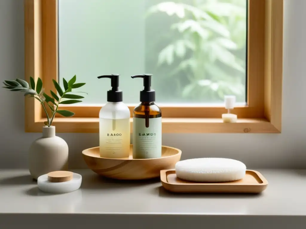 Productos sostenibles cuidado personal: Estante de baño minimalista con artículos eco-friendly bañados en luz natural