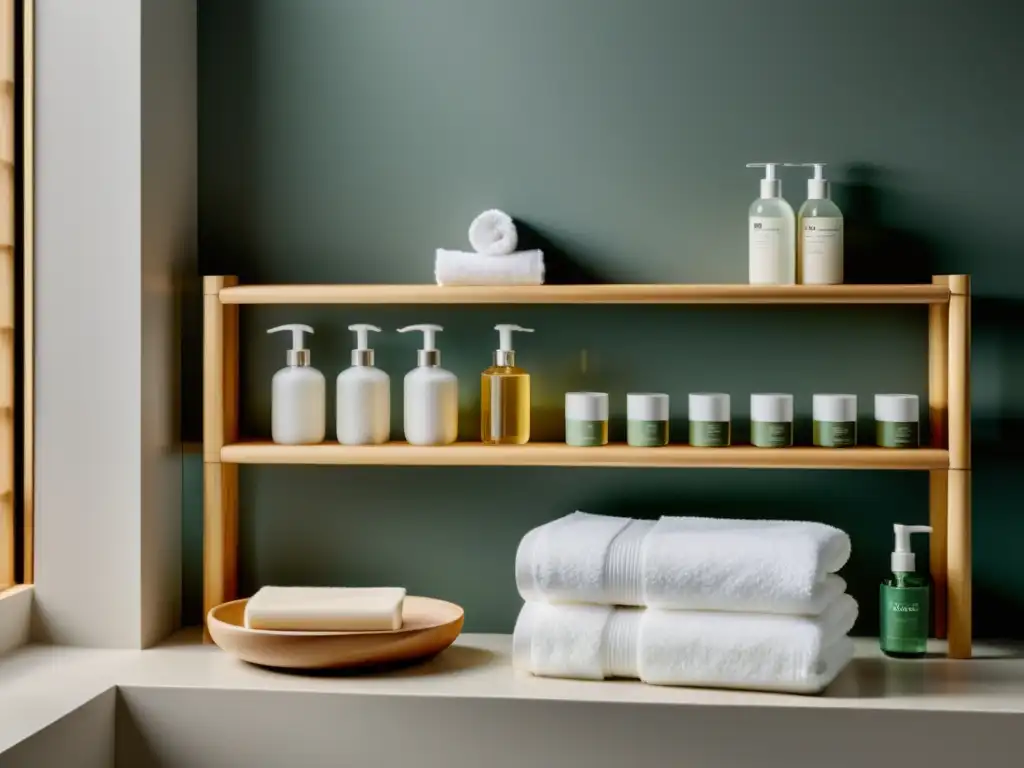 Productos sostenibles cuidado personal: Estantería de baño minimalista con productos ecológicos y luz natural