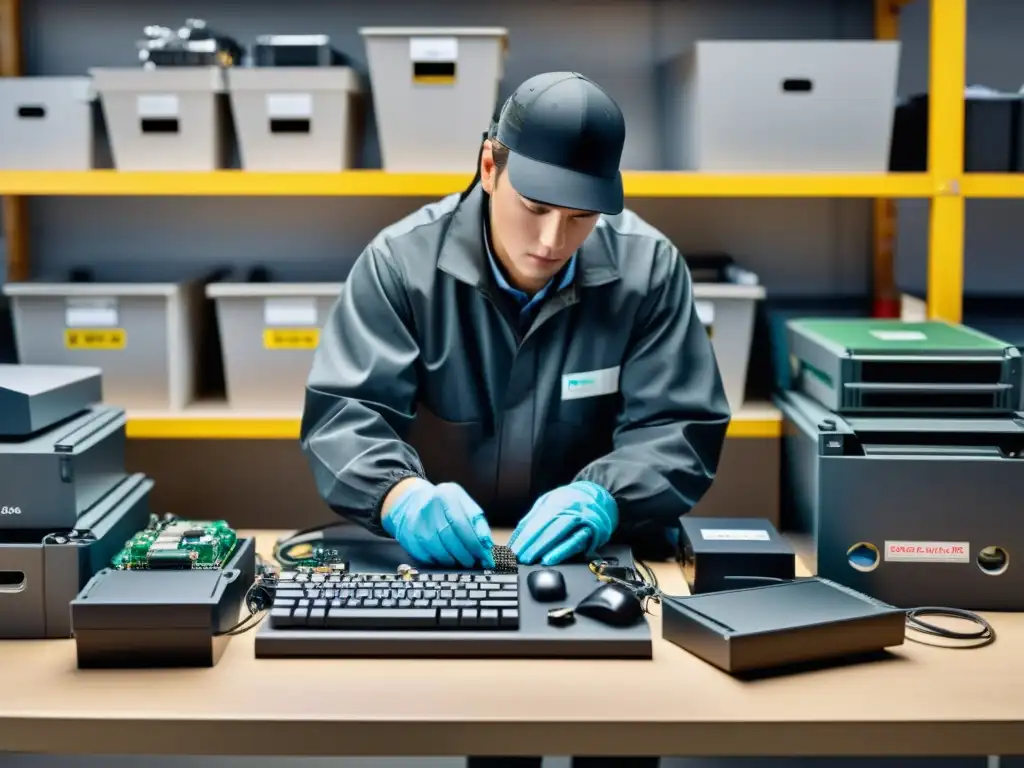 Profesional en planta de reciclaje de electrónicos, desmontando con cuidado un ordenador