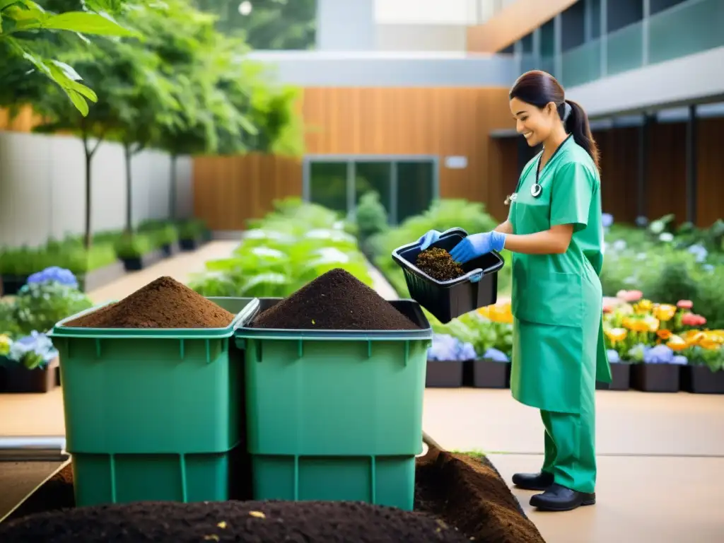 Un profesional de la salud añade restos de alimentos a los contenedores de compostaje en un apacible patio hospitalario, demostrando la implementación de estrategias de compostaje en los servicios de salud