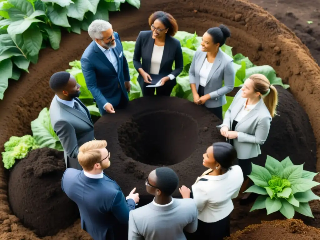 Profesionales en alianzas estratégicas para compostaje sostenible, discuten junto a una pila de compost bien organizada