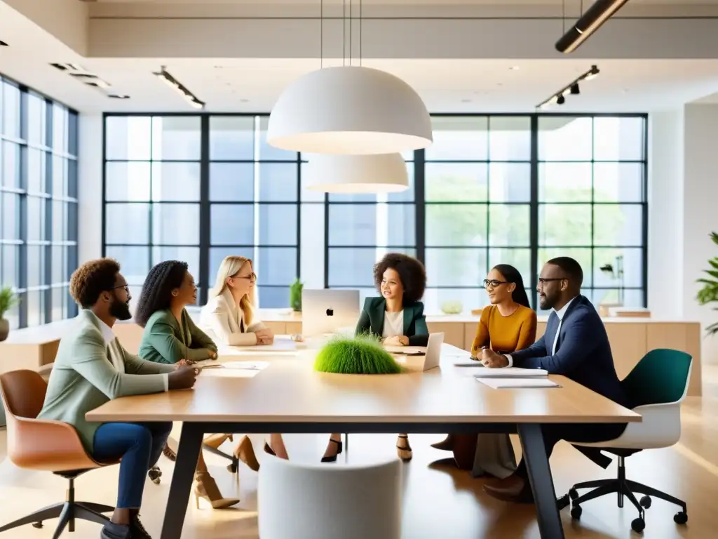 Profesionales colaborativos discutiendo ideas en un espacio de oficina luminoso, con prototipos y bocetos de desarrollo de productos sostenibles