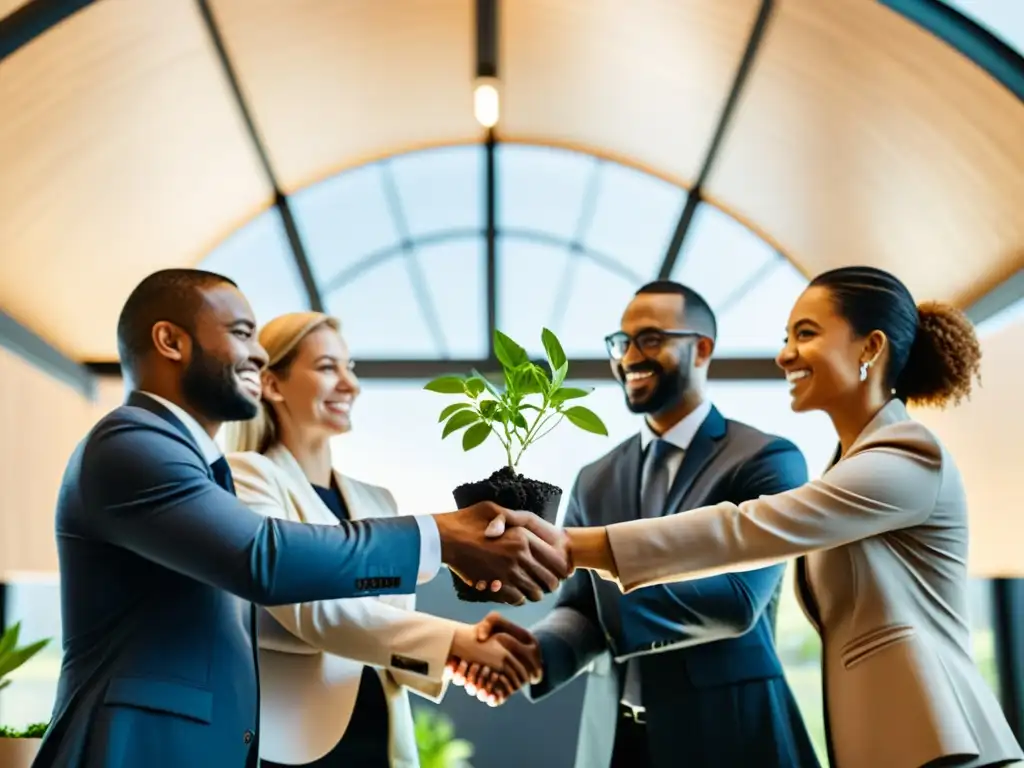 Profesionales diversificados se dan la mano en un círculo, simbolizando alianzas estratégicas y networking en el negocio de compostaje