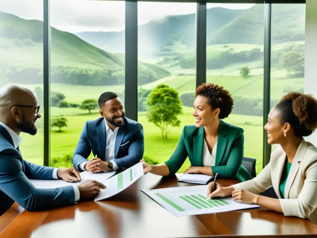 Profesionales diversificados colaboran en una mesa, con ventana mostrando paisaje verde