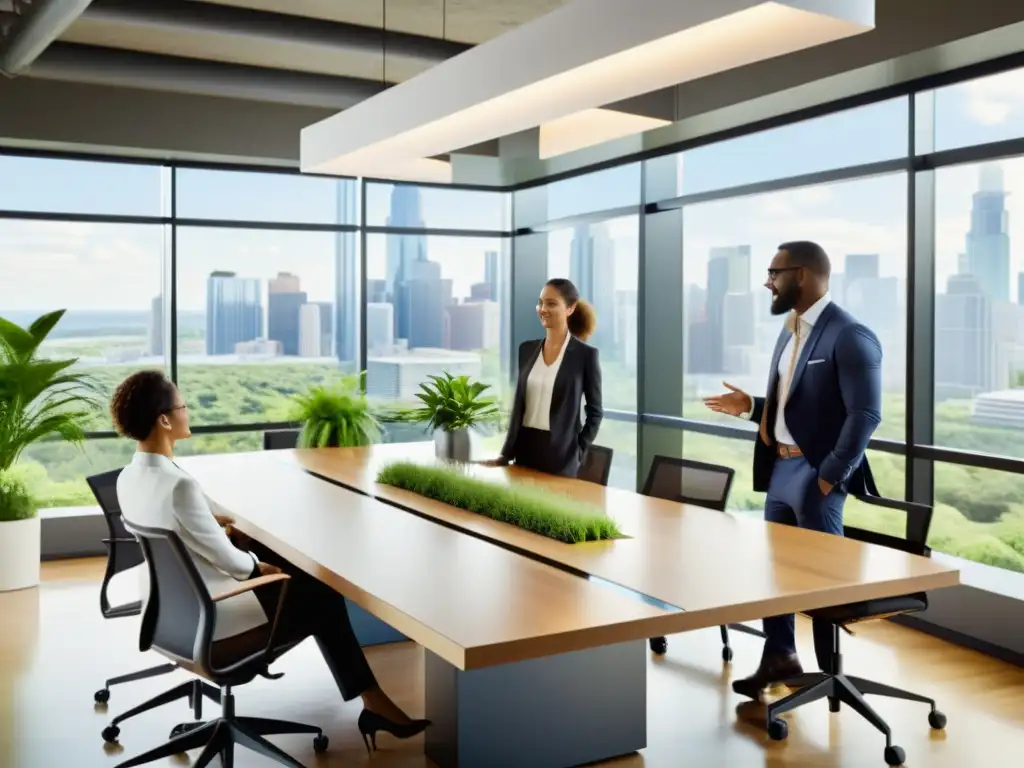 Profesionales colaborando en un espacio de oficina sostenible con vistas urbanas