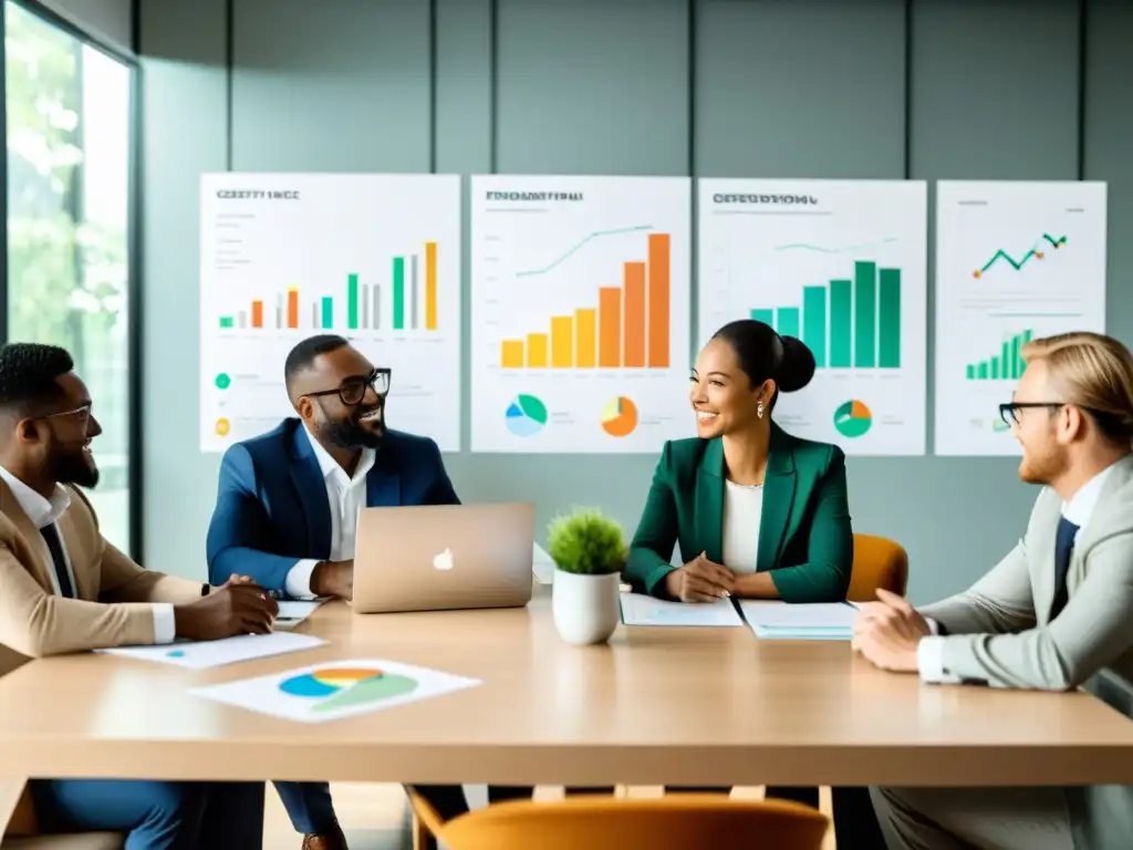 Profesionales discuten estrategias de marketing verde para startups de reciclaje, rodeados de gráficos en una sala minimalista llena de luz natural