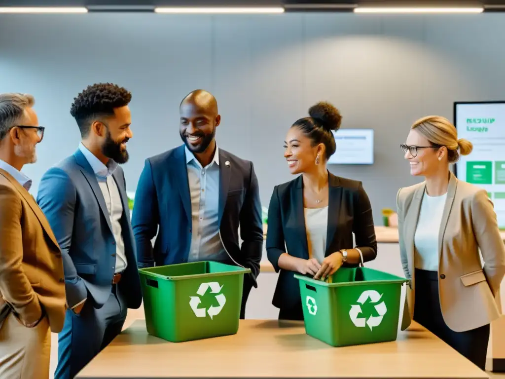 Profesionales en formación en franquicias de reciclaje colaborando en un taller brillante y moderno