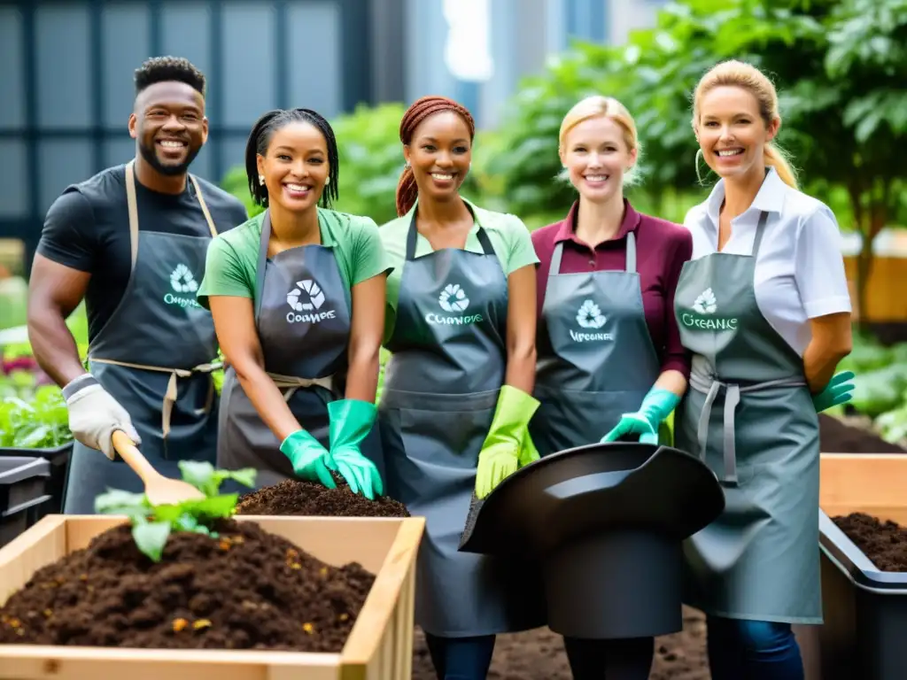 Profesionales de negocios compostando juntos en un entorno urbano moderno, promoviendo la cultura del compostaje en negocios