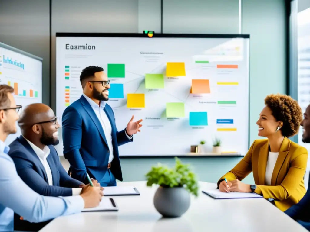 Profesionales en oficina moderna, colaborando en estrategias de patrocinio ecológico