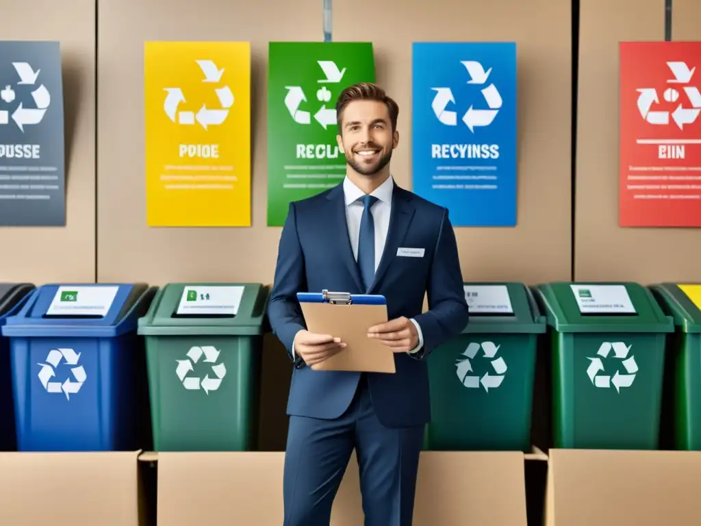 Profesionalidad y compromiso con el medio ambiente en una ilustración minimalista de una persona de negocios frente a contenedores de reciclaje