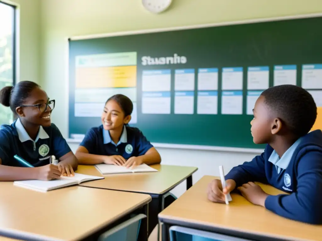 Profesor y estudiantes dialogan sobre sostenibilidad con entusiasmo en un aula luminosa