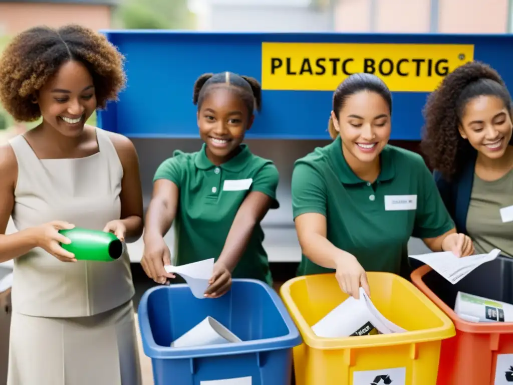 Profesor muestra estación de reciclaje a estudiantes, fomentando la cultura del reciclaje en las escuelas