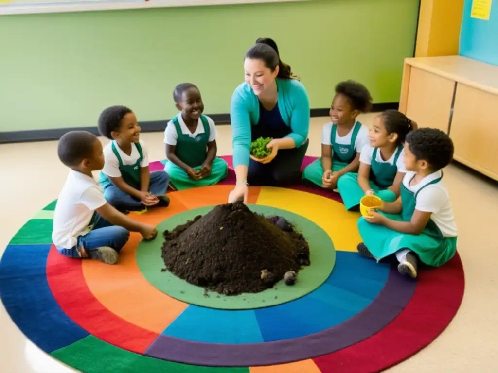 Profesora guía a niños en actividad de reciclaje en el currículo infantil