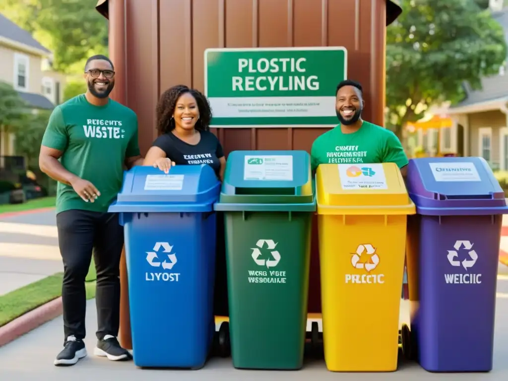 Programa reciclaje plásticos barrio: Vecinos unidos frente a contenedores coloridos, depositando diferentes tipos de residuos plásticos