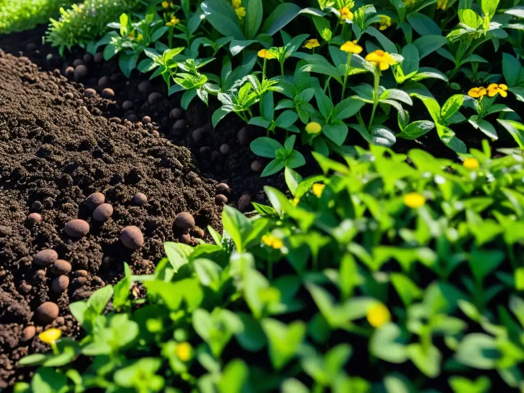 Un próspero campo rebosante de vida con compostaje para revitalizar suelos empobrecidos, bañado por la luz del sol y salpicado de rocío