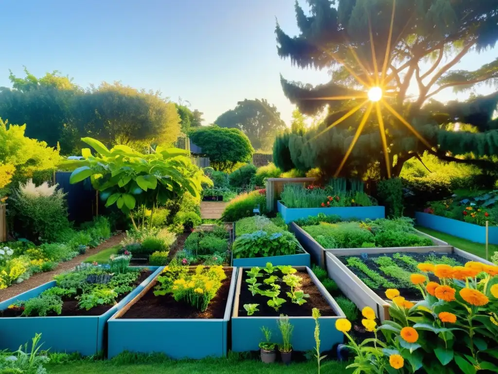 Un jardín de permacultura próspero y vibrante, con plantas exuberantes, flores vibrantes y árboles frutales