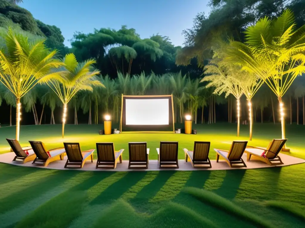 Cine al aire libre en parque verde: documental eco-friendly Proyecciones sobre reciclaje y compostaje: Documental vibrante en un cine al aire libre rodeado de naturaleza, sillas de bambú y luces cálidas