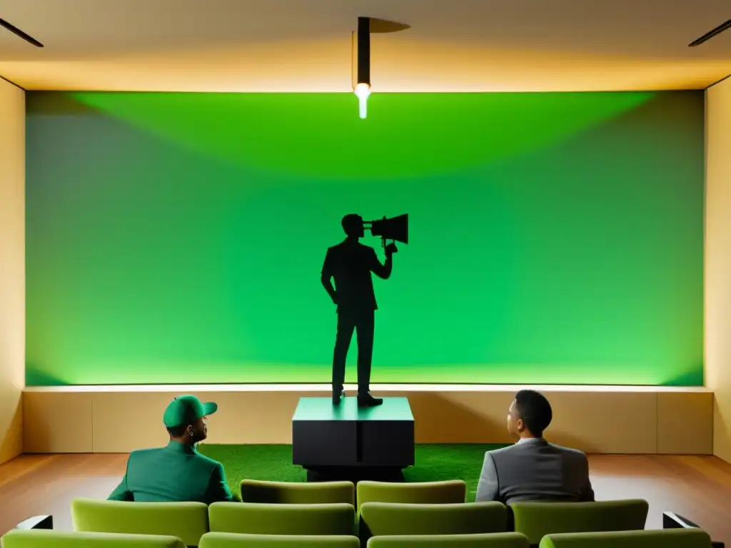 Proyección sostenible: cine al aire libre para concienciar Un proyector de cine proyecta sombras de símbolos de reciclaje y compostaje, con un ambiente educativo y comprometido con la sostenibilidad