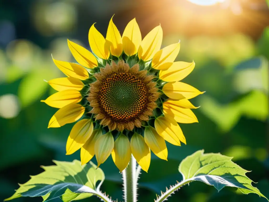 Un radiante girasol detallado en primer plano, iluminado por el sol, destaca sobre un fondo verde exuberante