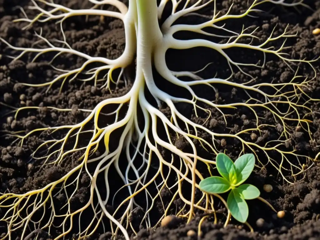 Raíces de planta vibrantes absorbiendo nutrientes en compostaje orgánico