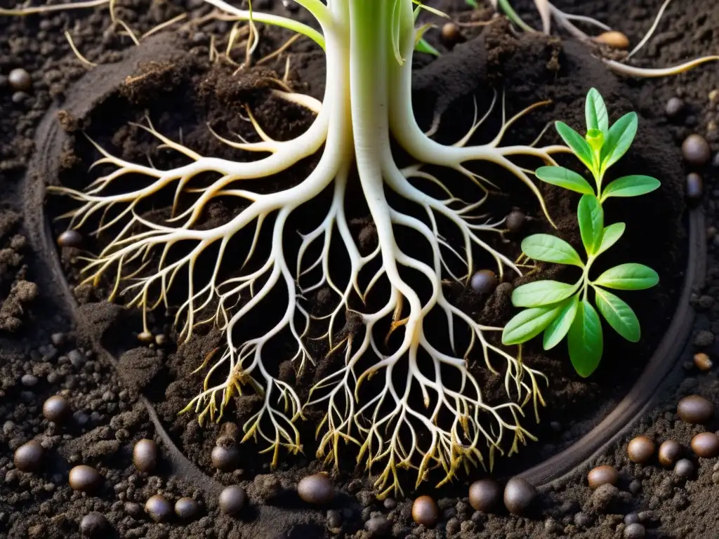 Raíces de planta vibrantes absorbiendo nutrientes en compostaje, creando un patrón natural hipnotizante