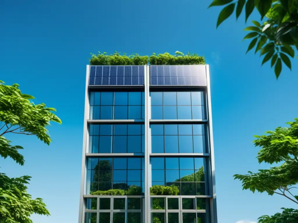 Un rascacielos moderno con paneles solares, rodeado de naturaleza, simbolizando tecnología sostenible para edificios inteligentes