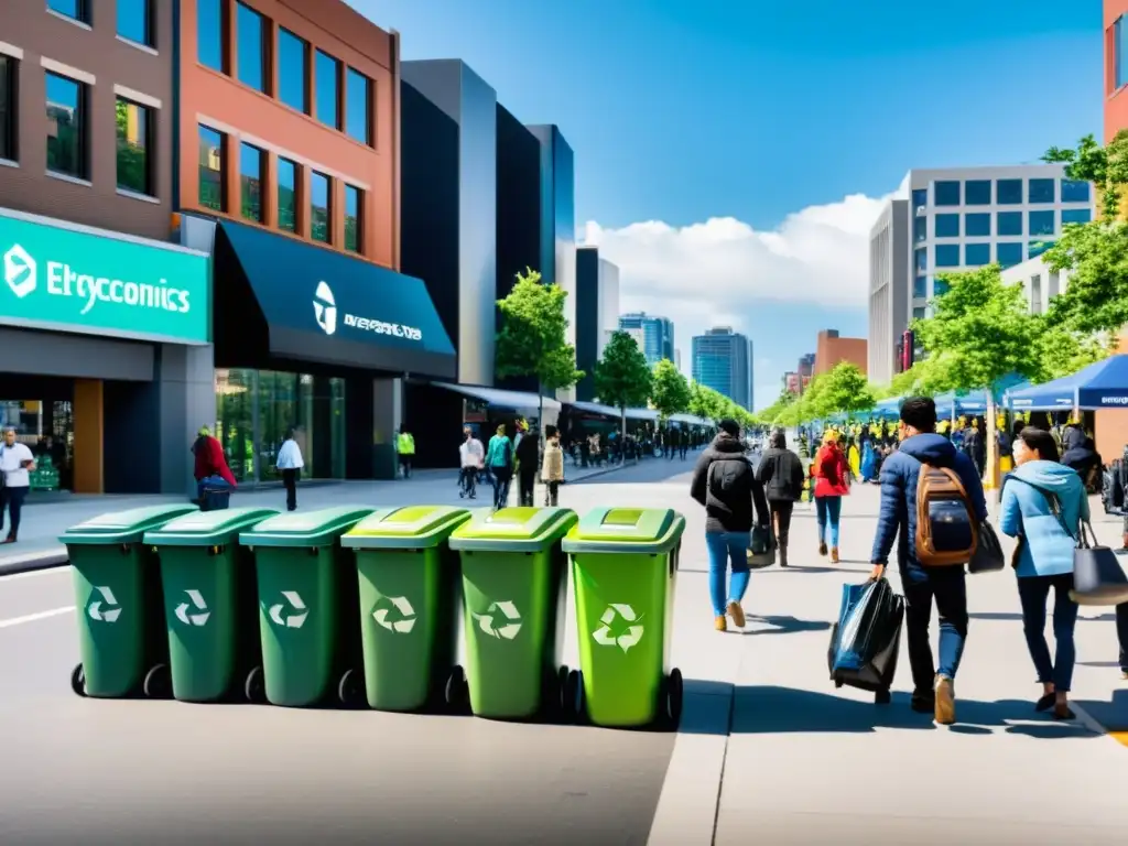 Reciclaje de aparatos electrónicos sostenible: Una ciudad bulliciosa con edificios modernos y aceras ordenadas