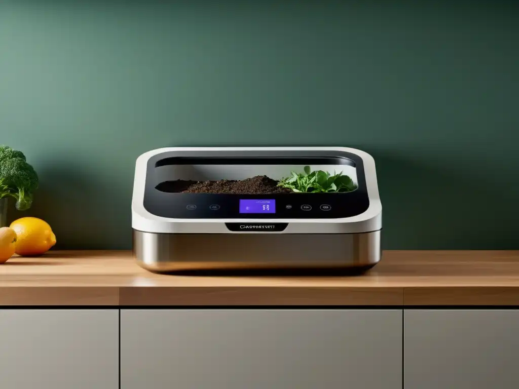 Reciclaje automatizado en el hogar: Cocina minimalista con compostador integrado y tecnología de vanguardia, eficiente y moderna