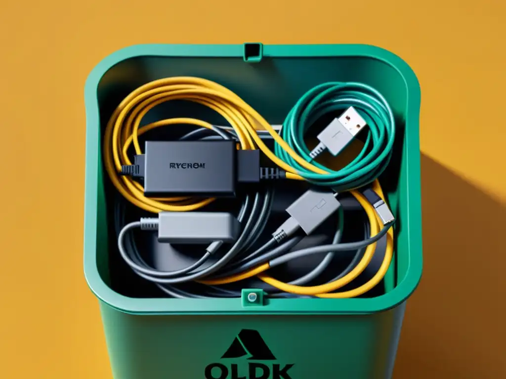 Reciclaje de cables y cargadores domésticos en moderno contenedor, caos ordenado en colores y tipos variados