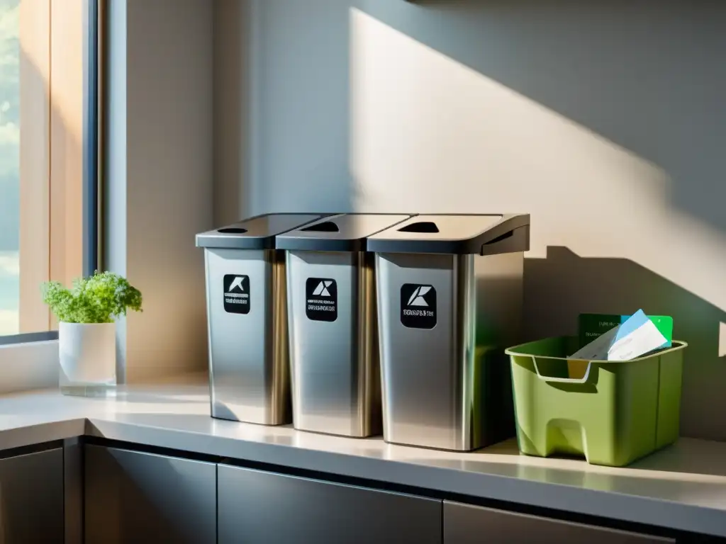 Estación de reciclaje en cocina minimalista con contenedores de acero inoxidable para papel, plástico, vidrio y metal