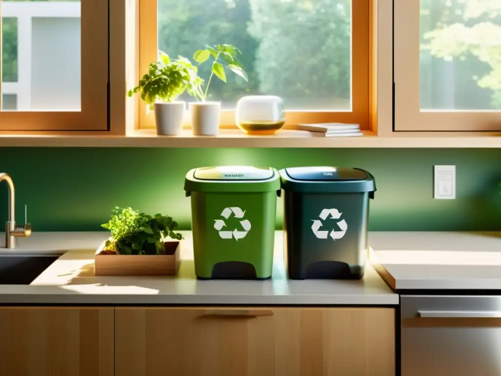 Estación de reciclaje en cocina moderna, con contenedores para residuos (plástico, papel, vidrio, orgánico) y compostador