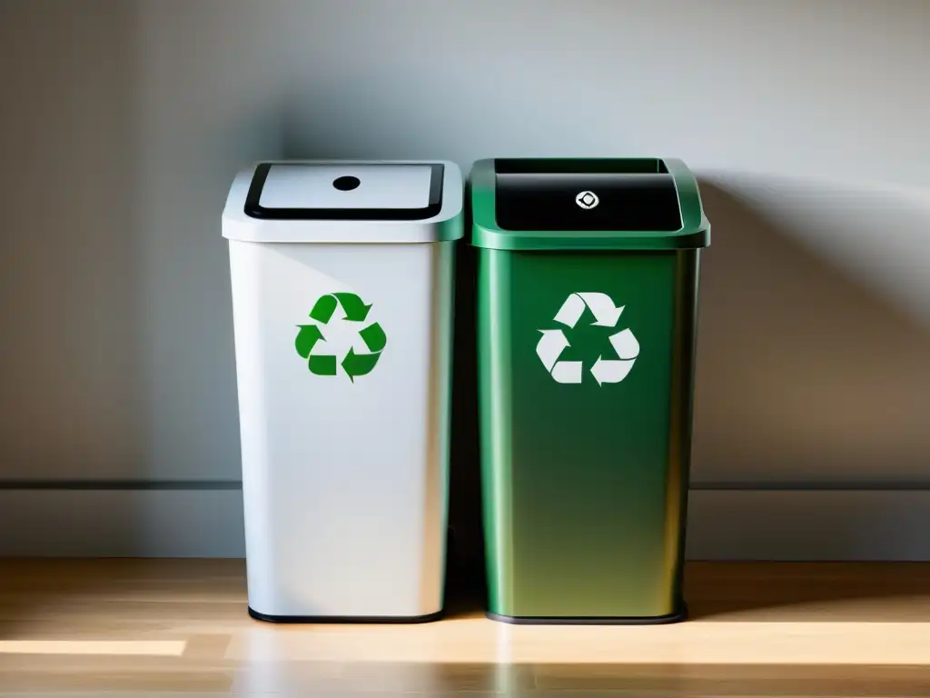 Reciclaje colaborativo en el hogar: Imagen minimalista de un moderno y elegante contenedor de reciclaje con compartimentos separados para plástico, papel y vidrio, destacando su diseño funcional en un entorno doméstico moderno