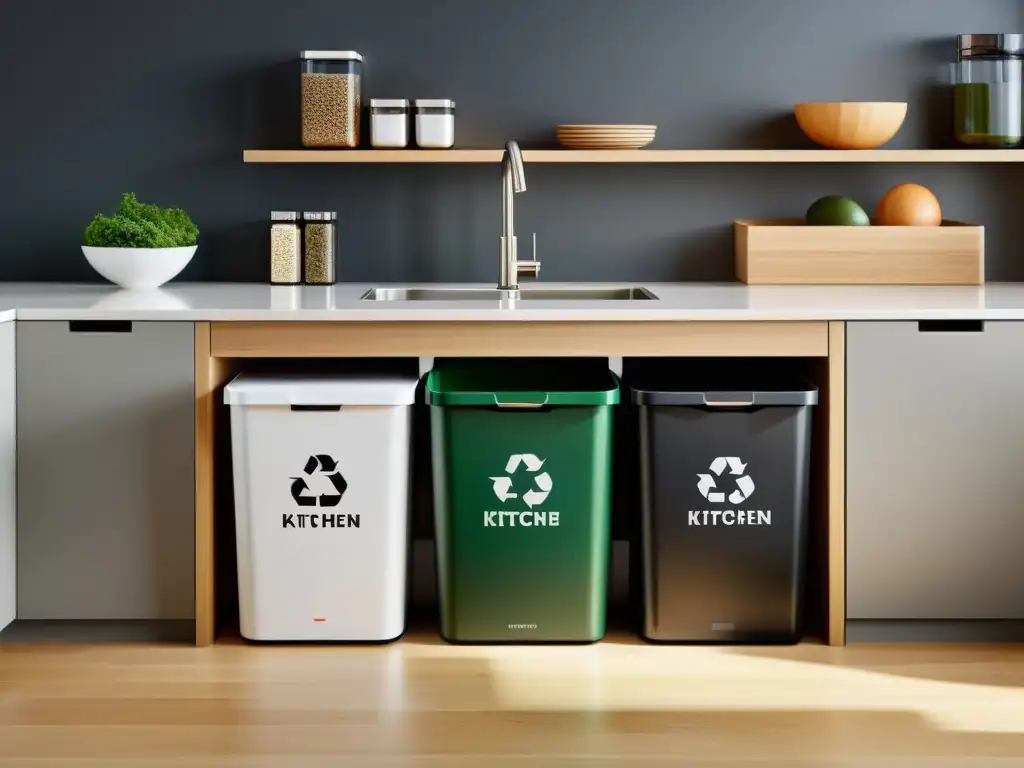 Kitchen moderna con bins de reciclaje, compost y desechos, organizados y elegantes