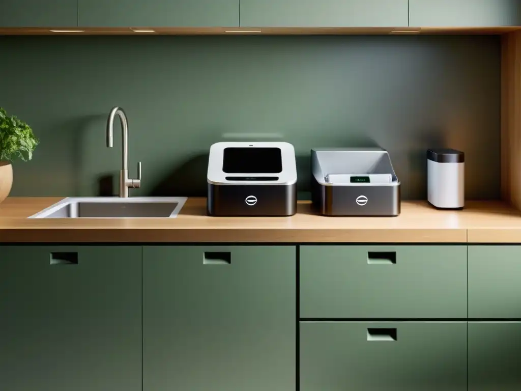 Reciclaje electrónico sostenible en casa: Estación de reciclaje moderna y elegante en la cocina, integrada con diseño minimalista y tonos neutros