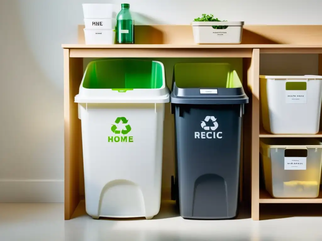 Estación de reciclaje en casa: orden y conciencia ecológica Estación de reciclaje en el hogar: contenedores ordenados para plástico, vidrio, papel y residuos orgánicos, con etiquetas claras
