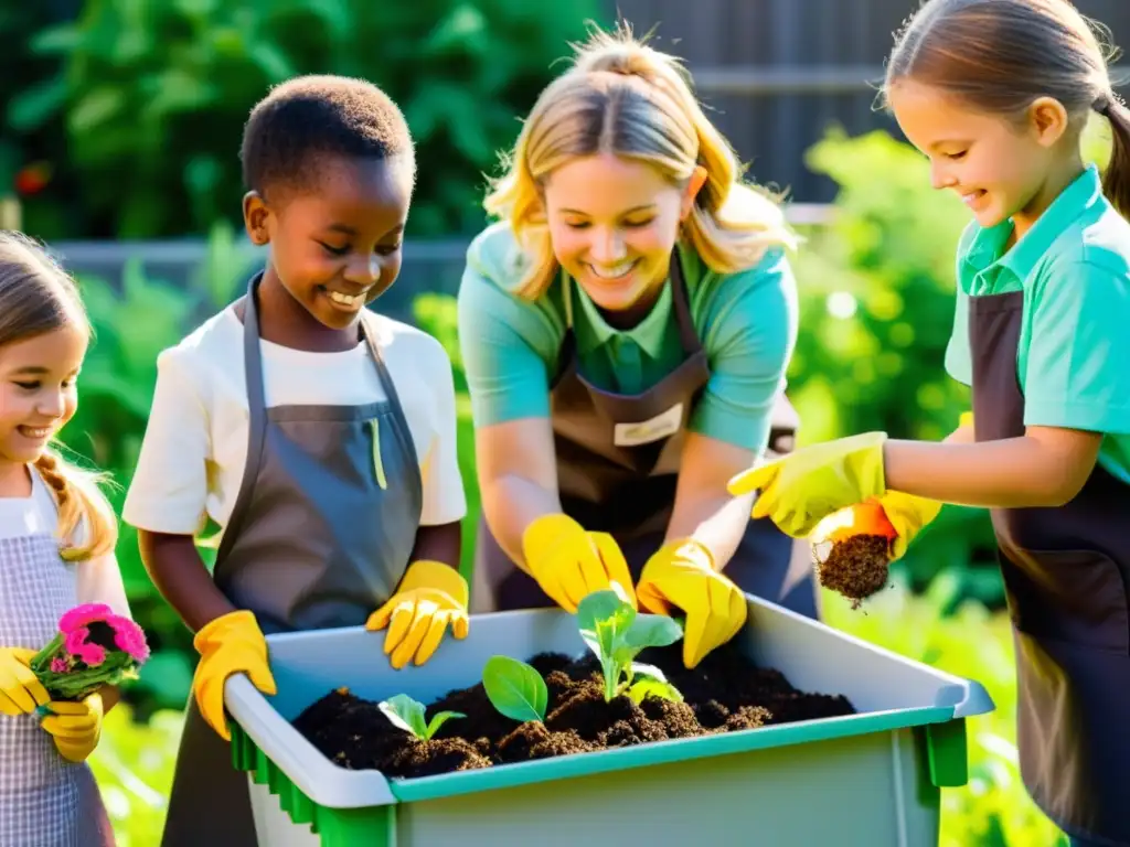 Reciclaje en el hogar con niños: Niños aprendiendo sobre compostaje en la escuela, con maestra sonriente